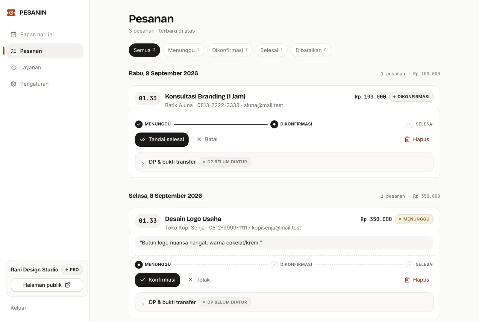Layar Pesanan per hari di PESANIN